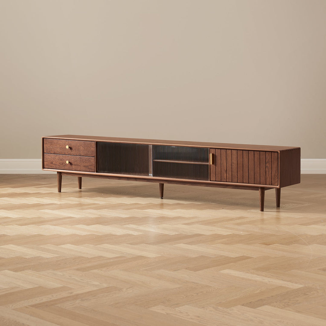 Scandinavian oak wood tv console danya walnut with context.