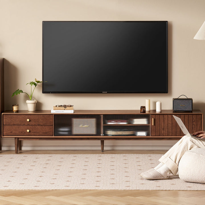 Scandinavian oak wood tv console danya walnut in details.