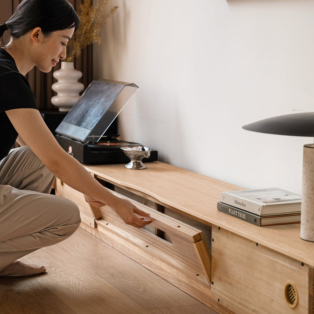 Scandinavian oak wood tv console rockwell in real life style.