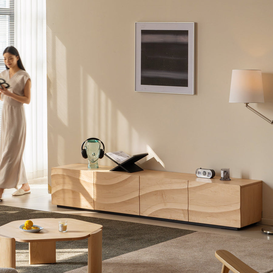 Scandinavian oak wood tv console wave with context.