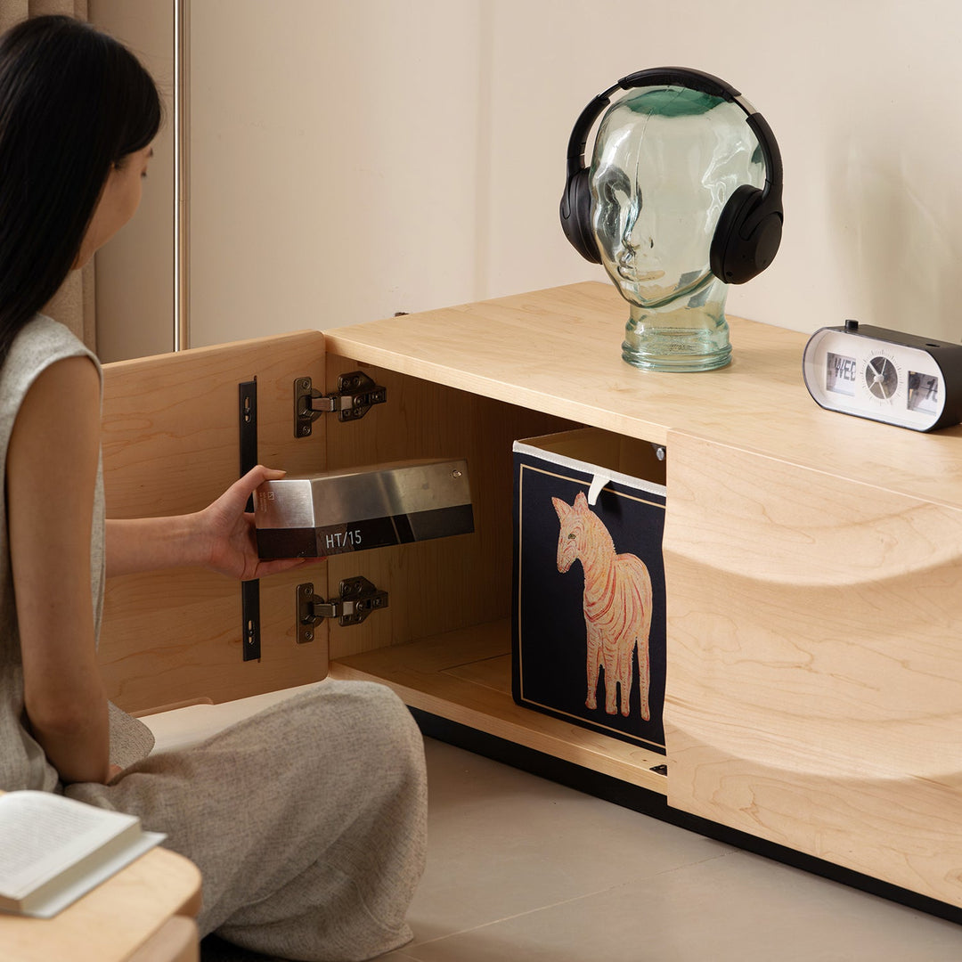 Scandinavian oak wood tv console wave in details.