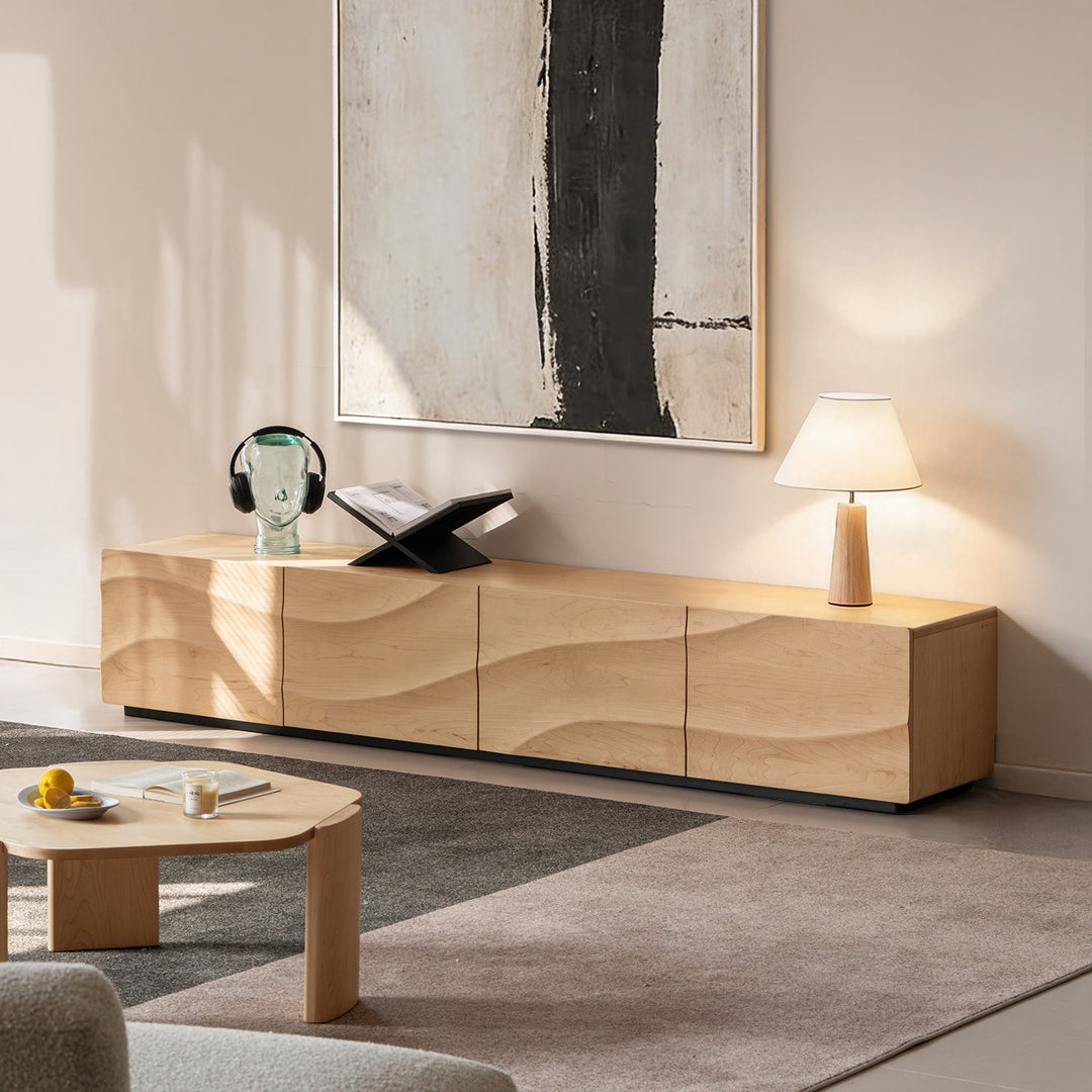 Scandinavian oak wood tv console wave in panoramic view.
