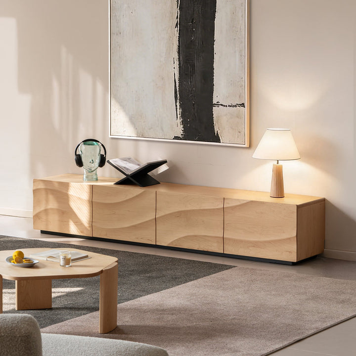 Scandinavian oak wood tv console wave in panoramic view.