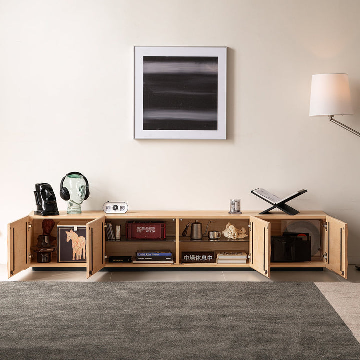 Scandinavian oak wood tv console wave in still life.