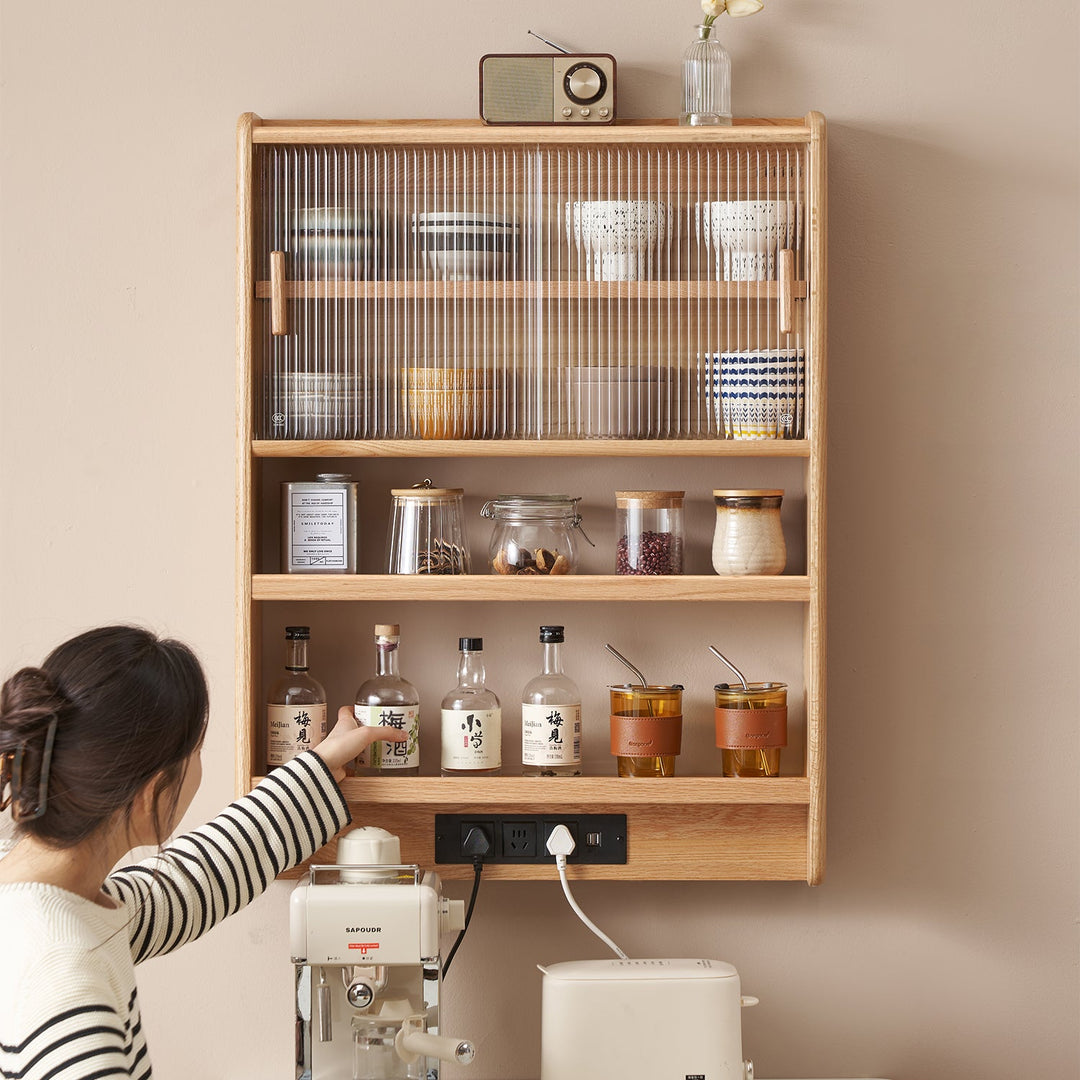 Scandinavian oak wood wall hanging cabinet hemu in details.