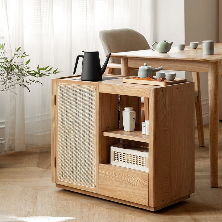 Scandinavian oak wood wheel tea side table vine primary product view.
