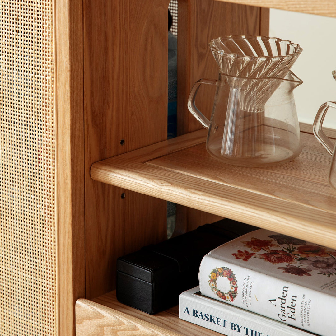 Scandinavian oak wood wheel tea side table vine in panoramic view.