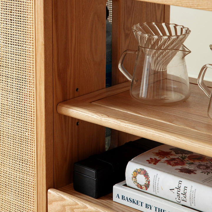 Scandinavian oak wood wheel tea side table vine in panoramic view.