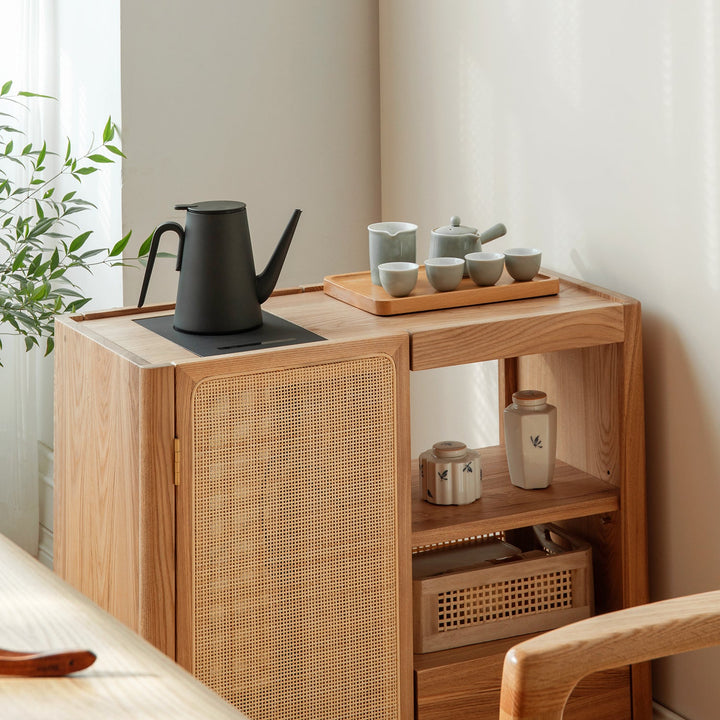 Scandinavian oak wood wheel tea side table vine color swatches.