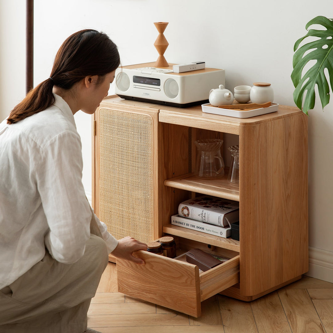 Scandinavian oak wood wheel tea side table vine material variants.