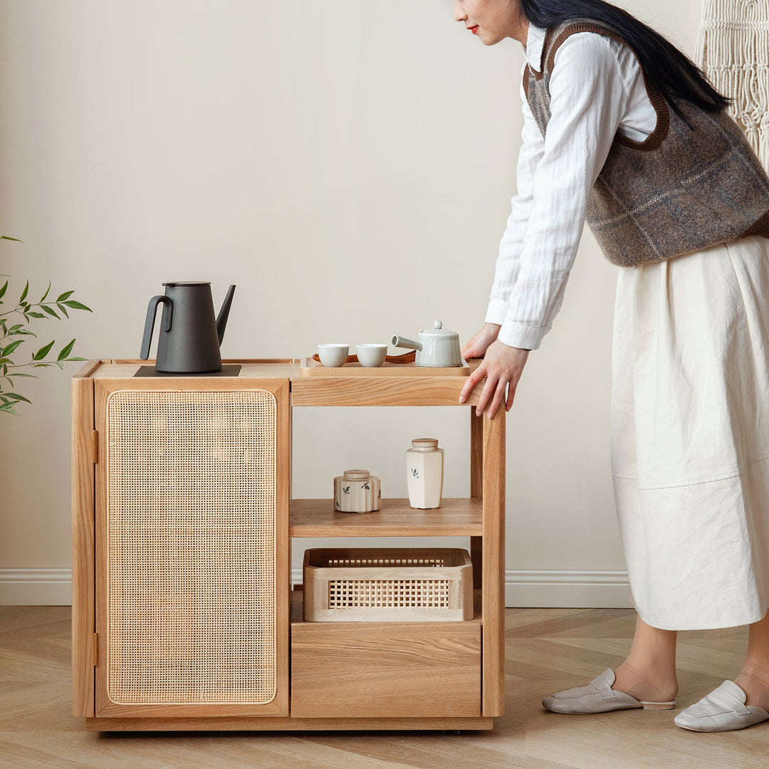 Scandinavian oak wood wheel tea side table vine in real life style.