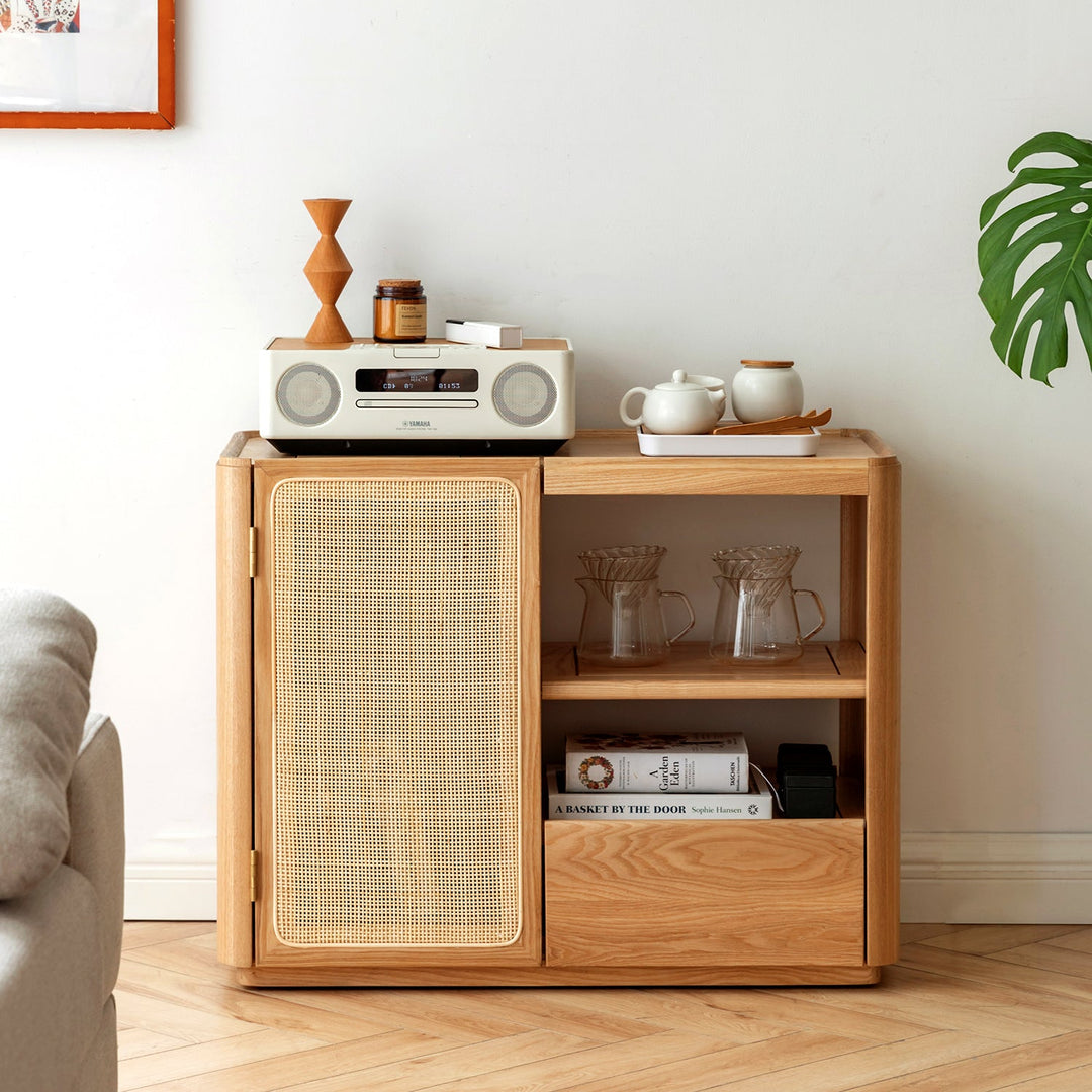 Scandinavian oak wood wheel tea side table vine with context.