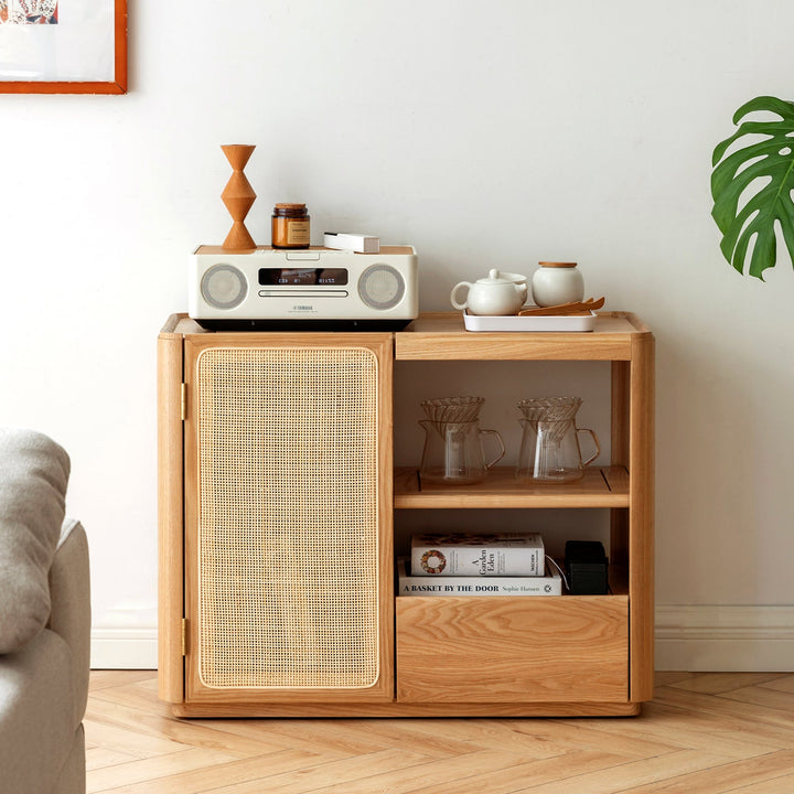 Scandinavian oak wood wheel tea side table vine with context.