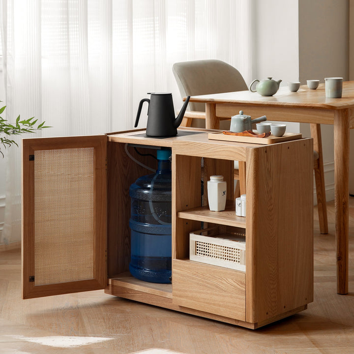 Scandinavian oak wood wheel tea side table vine in details.
