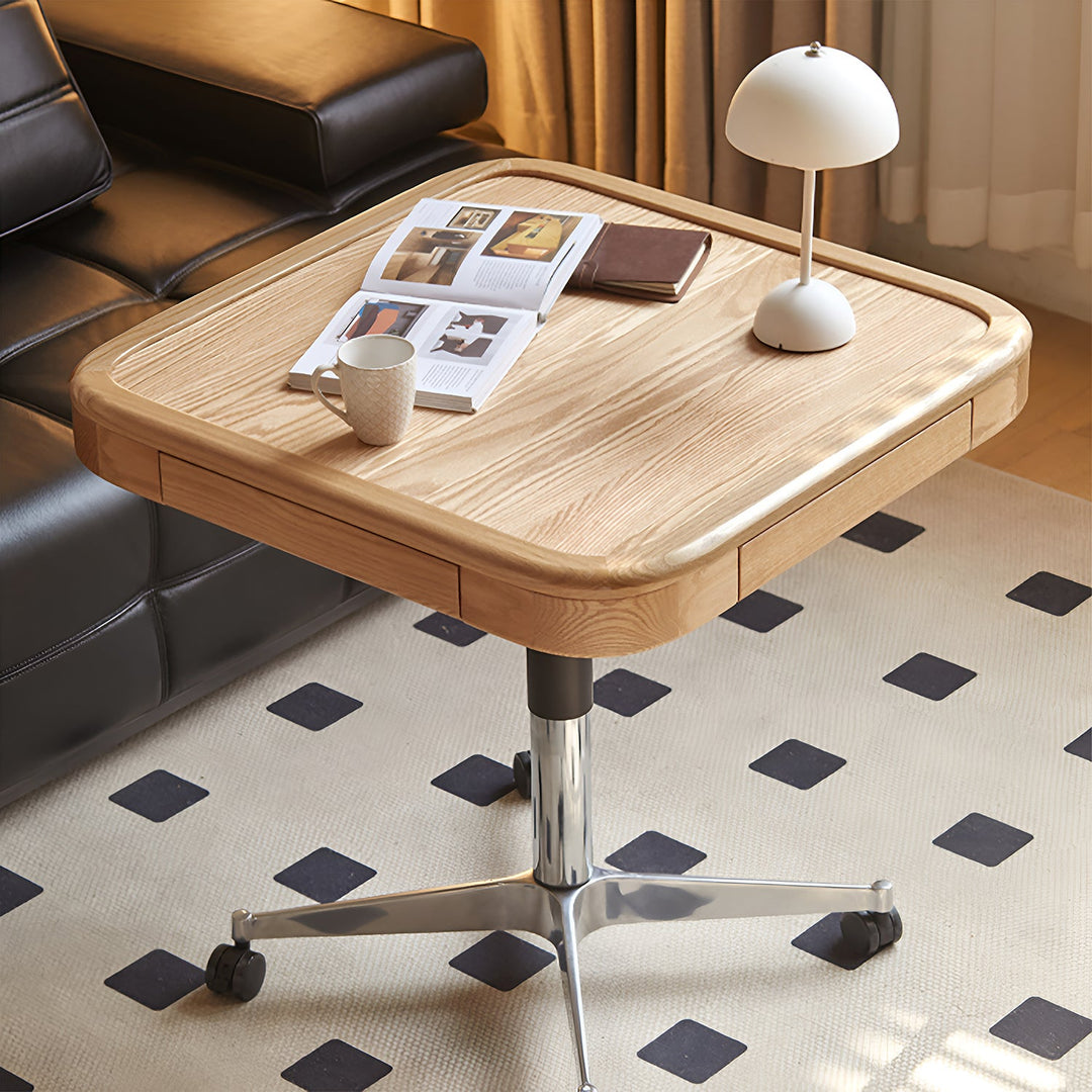 Scandinavian oak wood wheeled height adjustable gaming table coffee table drift in still life.