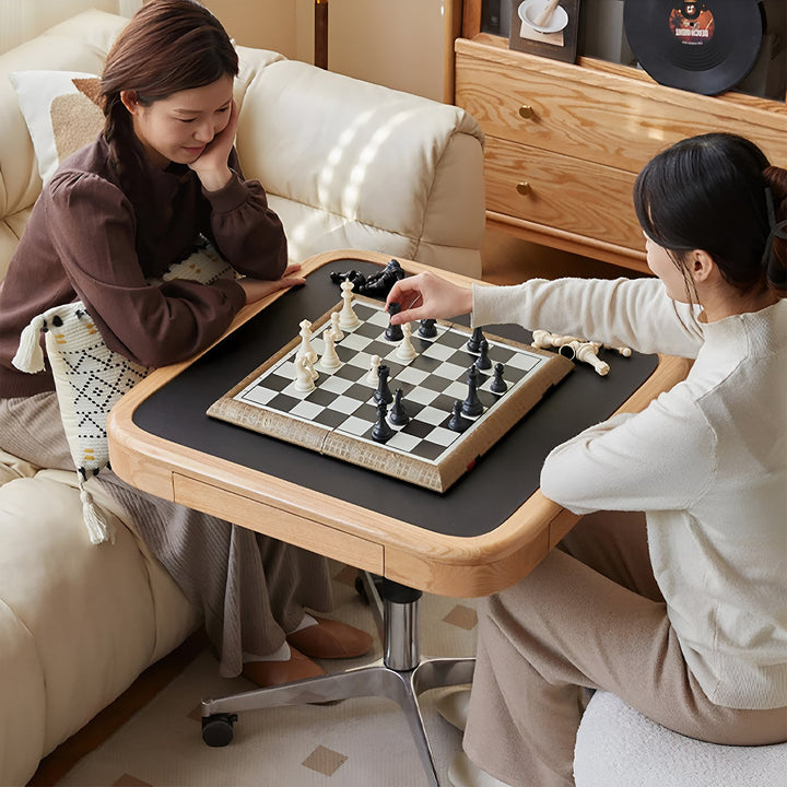 Scandinavian oak wood wheeled height adjustable gaming table coffee table drift with context.