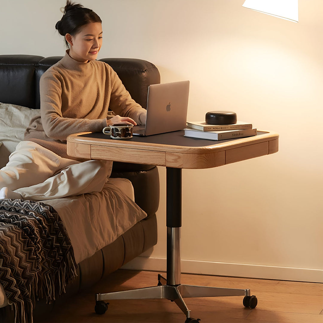 Scandinavian oak wood wheeled height adjustable gaming table coffee table drift in details.