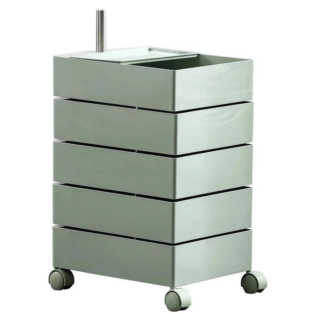 Contemporary plastic wheeled trolley side table rolly in white background.