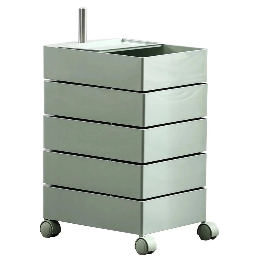 Contemporary plastic wheeled trolley side table rolly in white background.