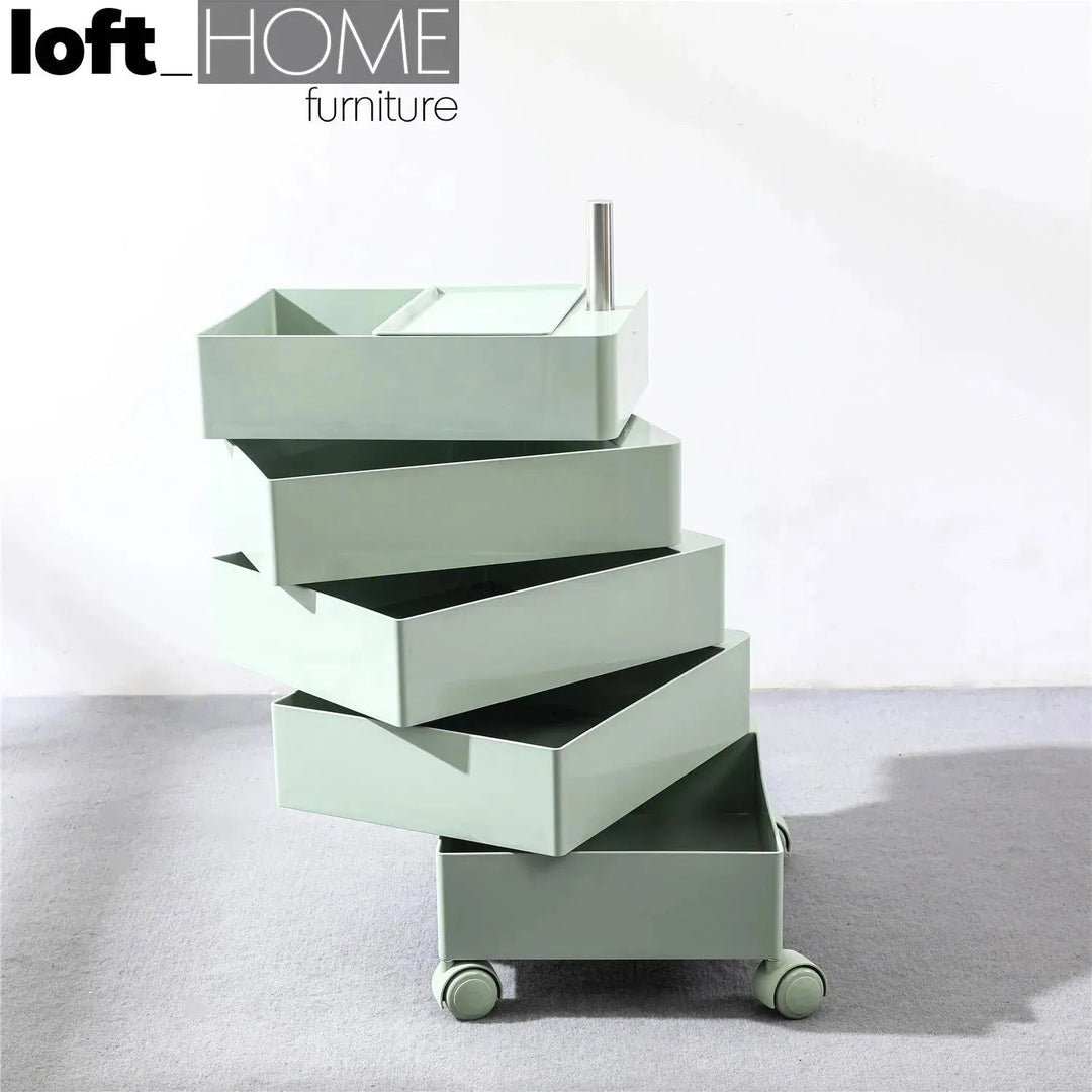 Contemporary plastic wheeled trolley side table rolly material variants.