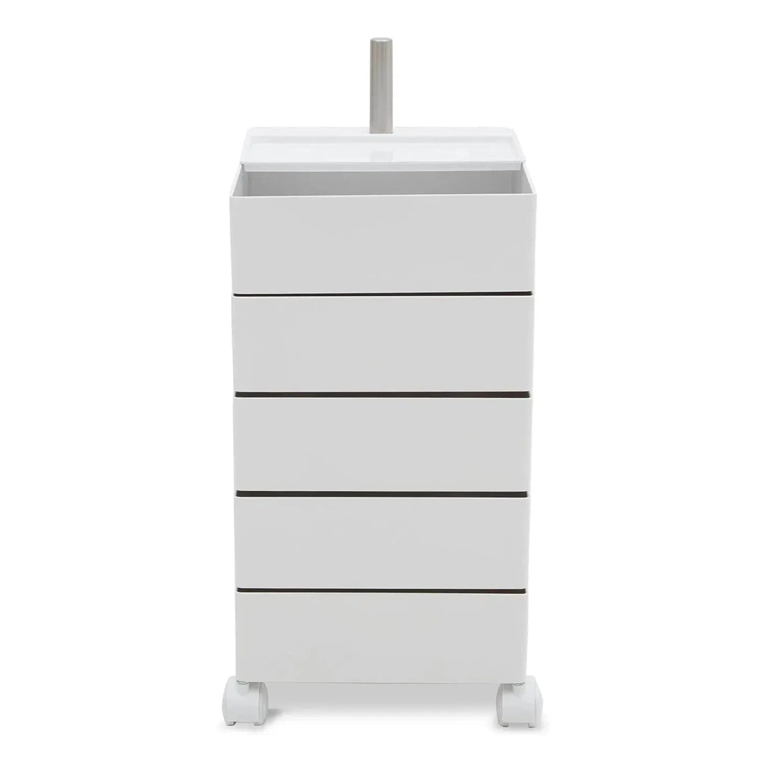 Contemporary plastic wheeled trolley side table rolly layered structure.