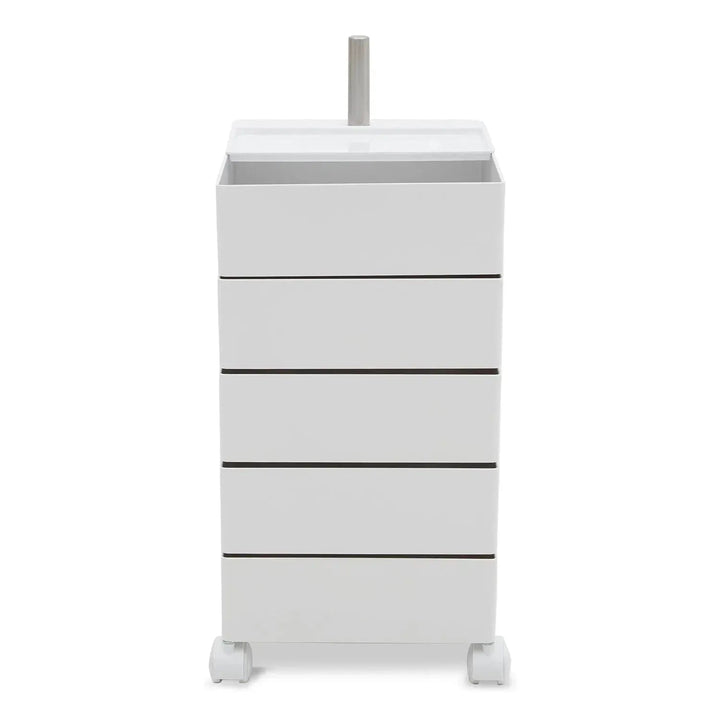 Contemporary plastic wheeled trolley side table rolly layered structure.