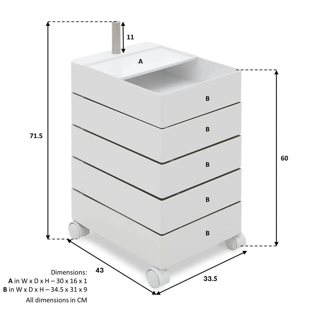 Contemporary plastic wheeled trolley side table rolly color swatches.