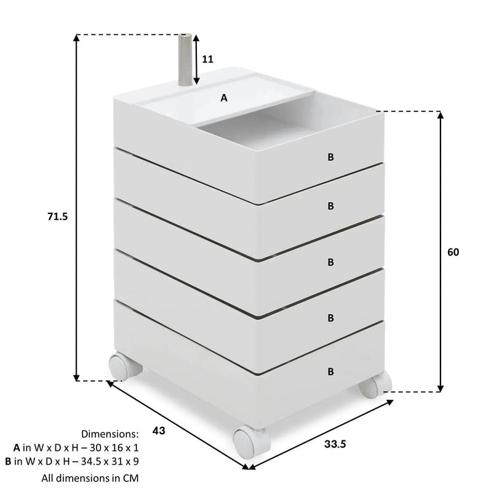 Contemporary plastic wheeled trolley side table rolly color swatches.