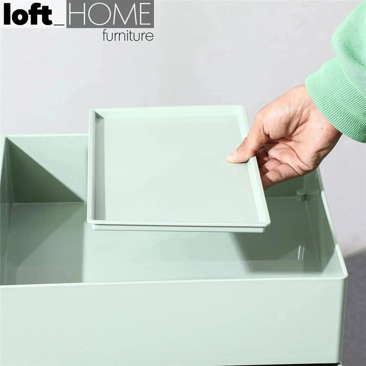Contemporary plastic wheeled trolley side table rolly with context.