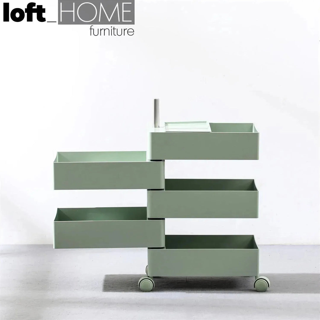 Contemporary plastic wheeled trolley side table rolly in real life style.