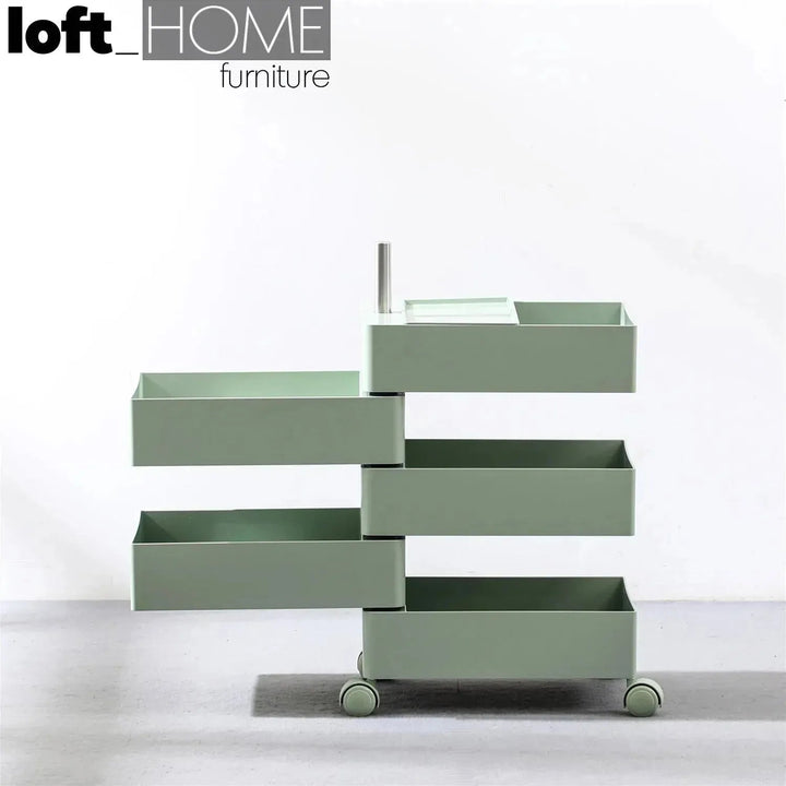 Contemporary plastic wheeled trolley side table rolly in real life style.