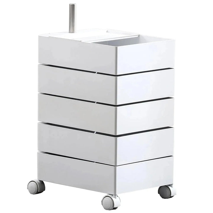 Contemporary plastic wheeled trolley side table rolly in still life.