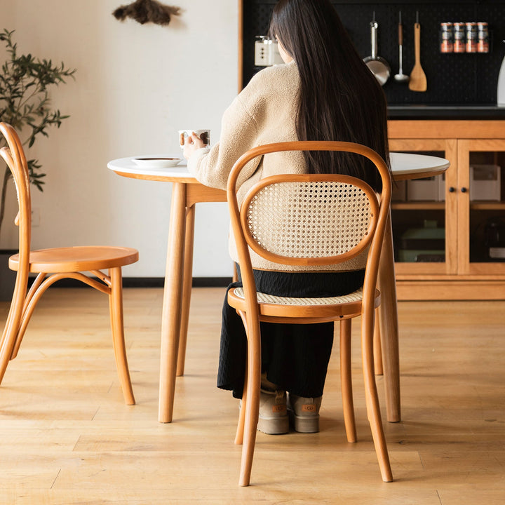 Scandinavian rattan dining chair german in close up details.