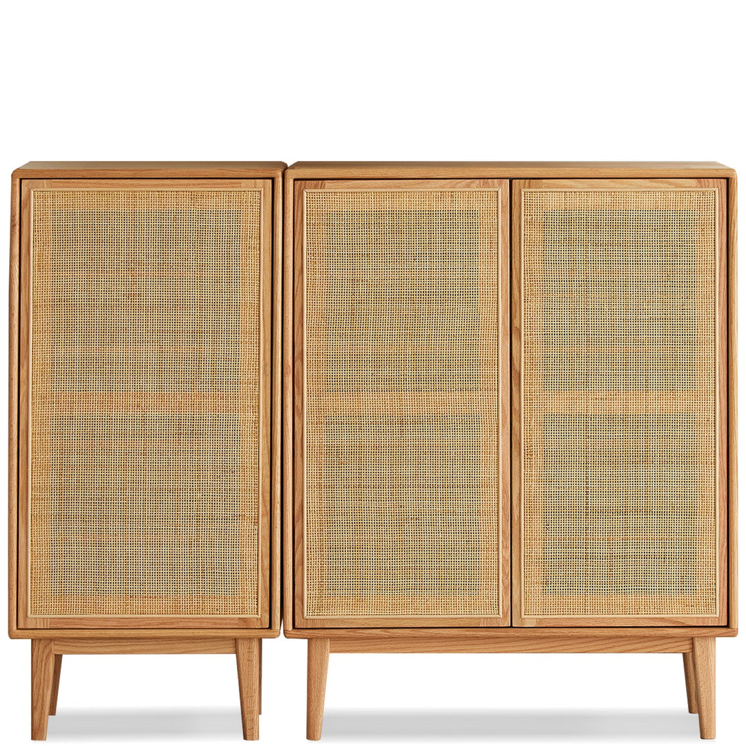 Scandinavian rattan oak wood shoe cabinet beri in white background.