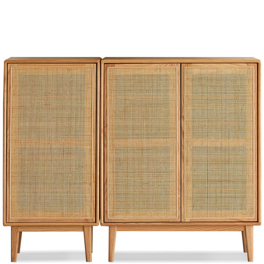 Scandinavian rattan oak wood shoe cabinet beri in white background.
