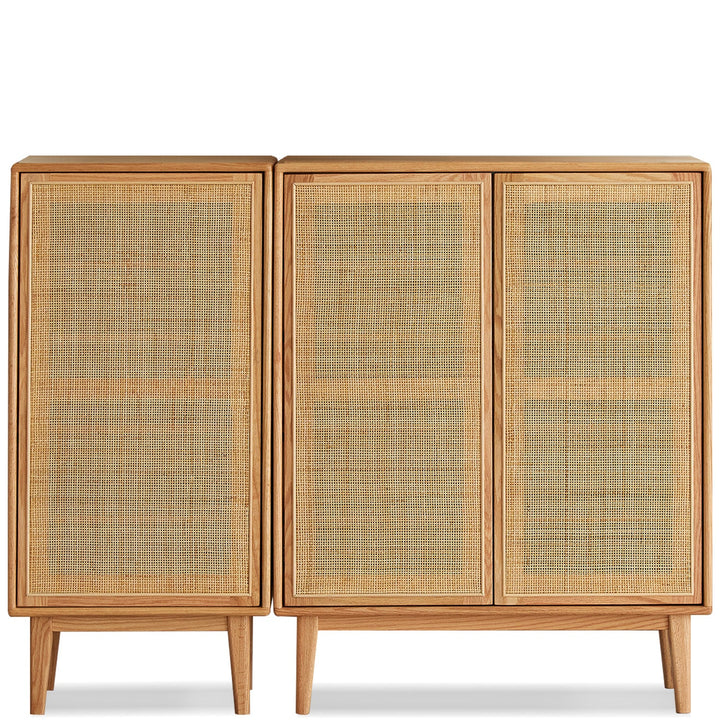 Scandinavian rattan oak wood shoe cabinet beri in white background.