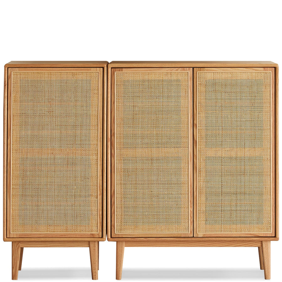 Scandinavian rattan oak wood shoe cabinet beri in white background.