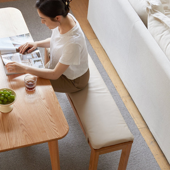Scandinavian removable padded bench cushion cheese color swatches.