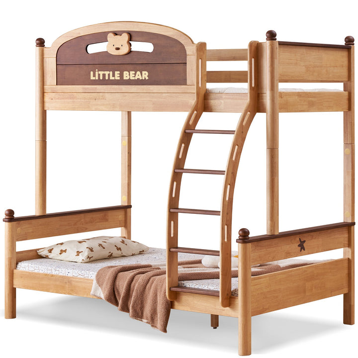 Scandinavian rubber wood kids bunk bed with bottom drawers and wall shelf little bear in still life.