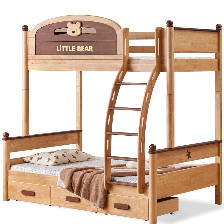 Scandinavian rubber wood kids bunk bed with bottom drawers and wall shelf little bear layered structure.