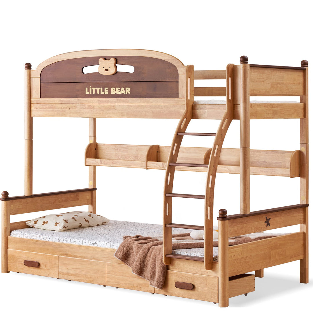 Scandinavian Rubber Wood Kids Bunk Bed With Bottom Drawers And Wall Shelf LITTLE BEAR