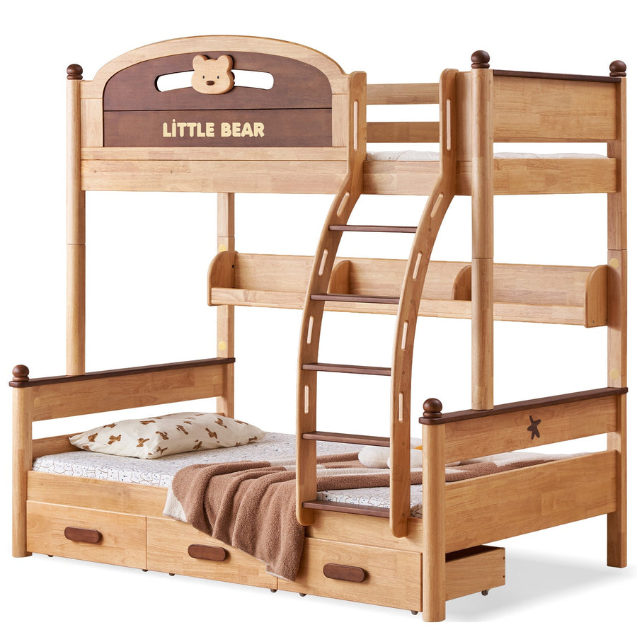 Scandinavian Rubber Wood Kids Bunk Bed With Bottom Drawers And Wall Shelf LITTLE BEAR