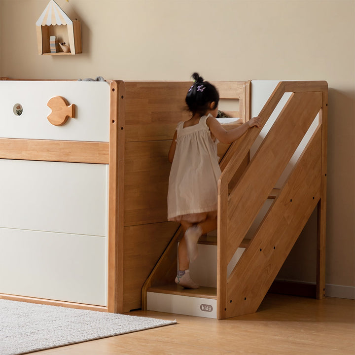 Scandinavian rubber wood kids storage bed lunor in details.