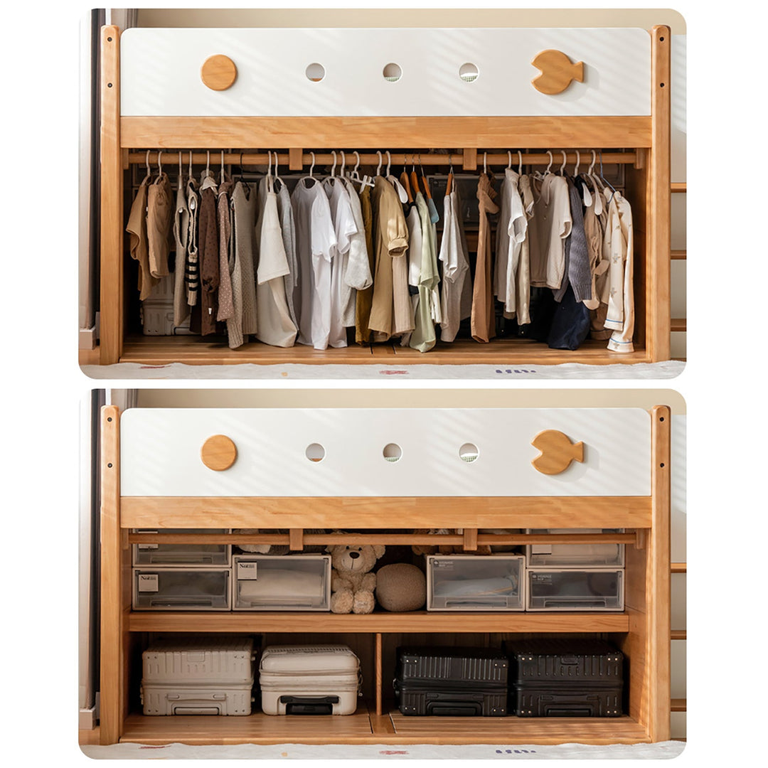 Scandinavian rubber wood kids storage bed lunor in panoramic view.