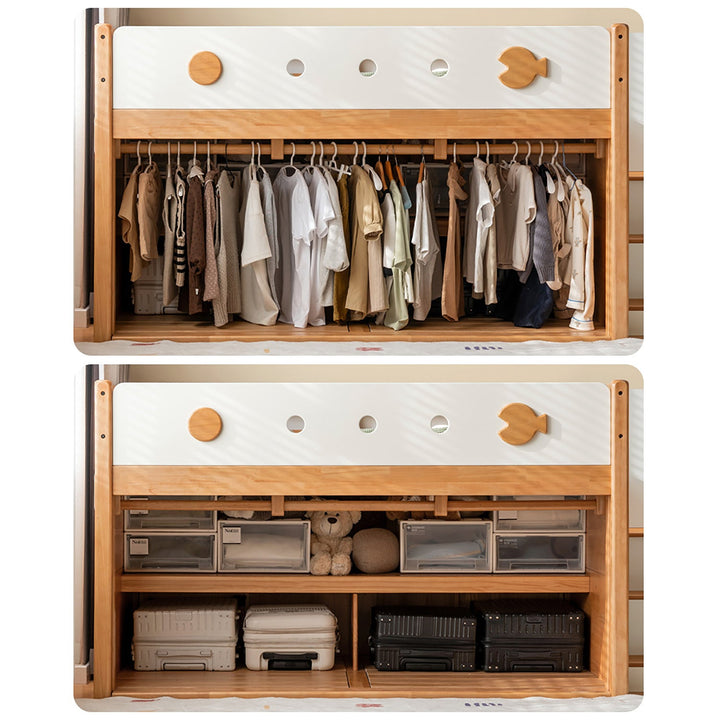 Scandinavian rubber wood kids storage bed lunor in panoramic view.