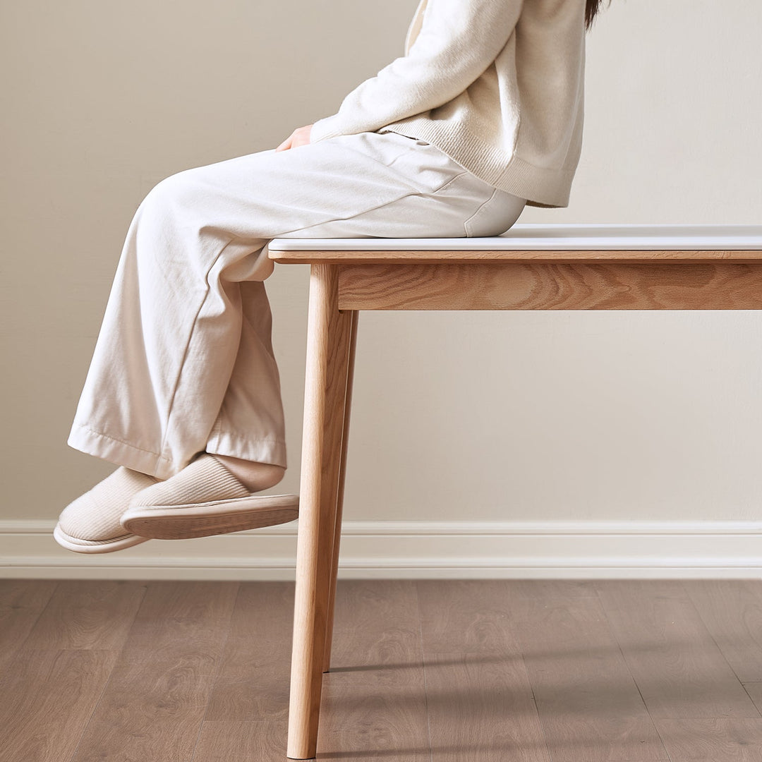 Scandinavian sintered stone oak wood dining table jaden in details.
