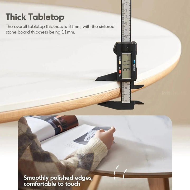 Scandinavian sintered stone round dining table belly in real life style.