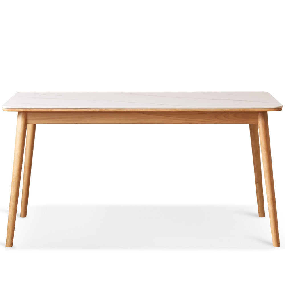 Scandinavian sintered stone rubber wood dining table rowan in white background.