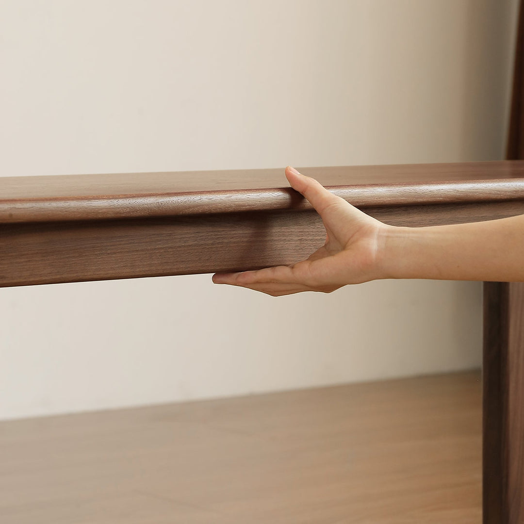 Scandinavian wood dining bench axel in details.