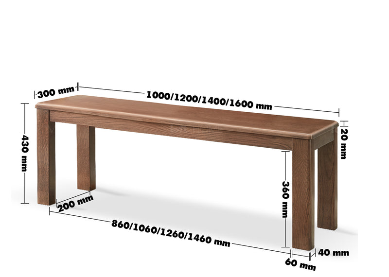 dimension detail diagram of Scandinavian Wood Dining Bench AXEL